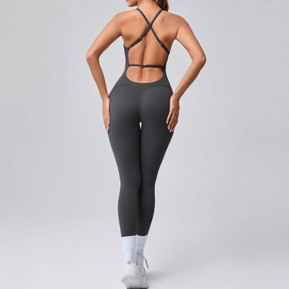 Cralom High-Cut Yoga Bodysuit: Adjustable Straps, Open Back, Butt Lifting Gym Wear