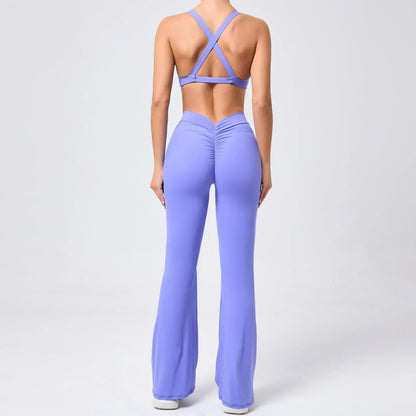 Cralom Flared Pants & Beauty Back Bra Set - Brushed Fabric Yoga Suit