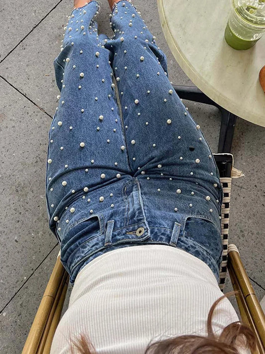 Cralom Vintage Blue Beading Washed Jeans - High Waist Slim Straight Pant