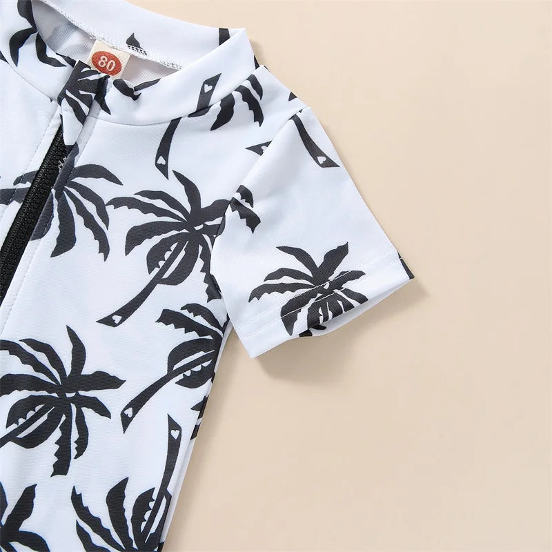 Cralom Baby Boy Swimsuit Set with Hat, Cartoon Tree Print Jumpsuit