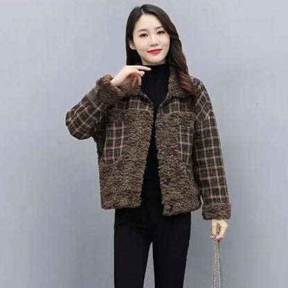 Cralom Fluffy Plaid Fleece Jacket for Women Warm Winter Coat
