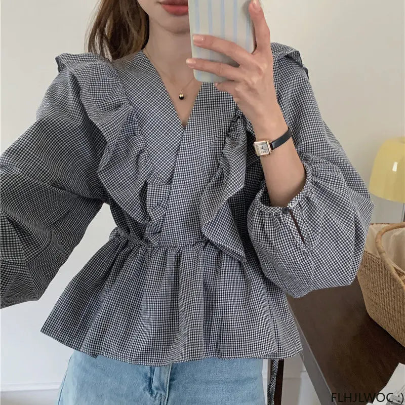 Cralom 2023 Ruffled Plaid Peplum Baby Shirt for Women
