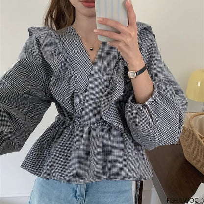 Cralom 2023 Ruffled Plaid Peplum Baby Shirt for Women