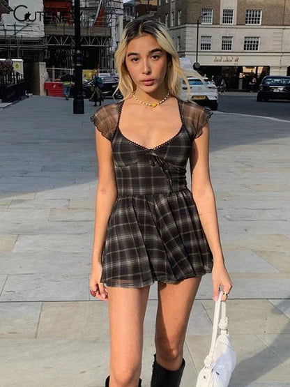 Cralom Lattice Pattern A-Line Mini Dress: 2021 Summer Casual Streetwear