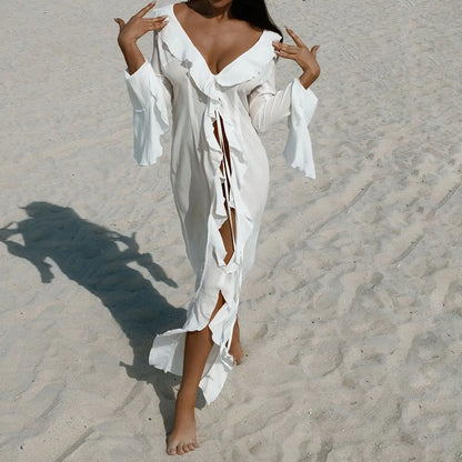 Cralom Lace Long Sleeve Cardigan - Solid Color Fashion Cover for Beach and Bikini