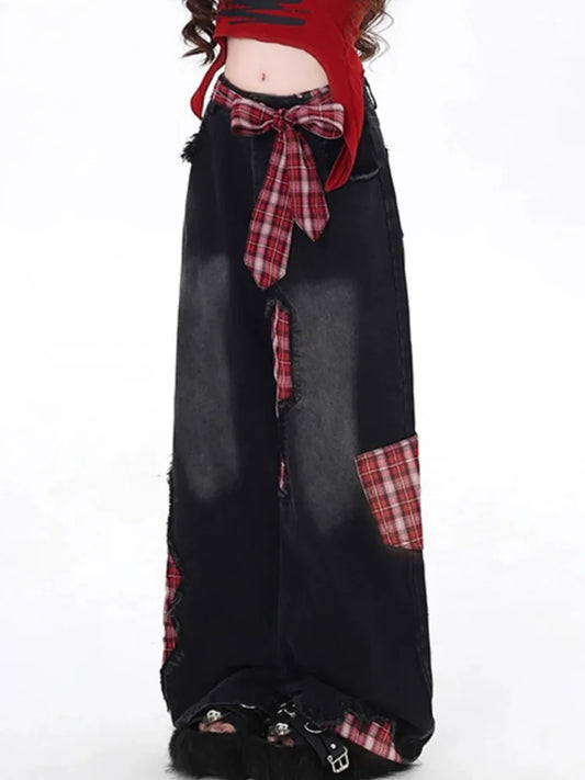Cralom American Style Wide Leg Bow Jeans - High Waist Hottie Baggy Straight
