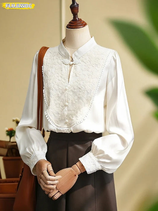 Cralom Women's Chinese Style Embroidered Long Sleeve Blouse Stand Collar Frog Buttons