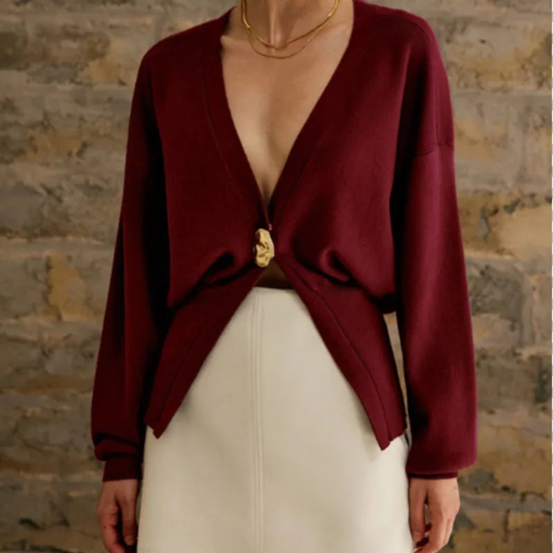 Cralom Deep V-Neck Knitted Cardigan: Elegant Metal Button High Streetwear Top