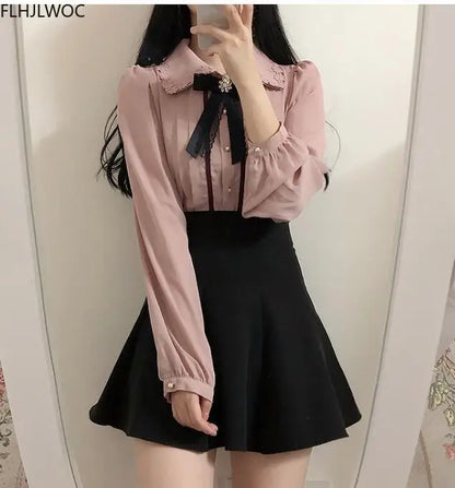 Cralom Spring Women's Preppy Button Shirts Pink White Vintage Design