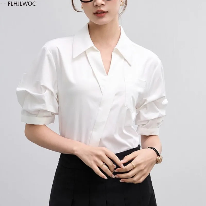 Cralom Women's V-Neck White Shirt - Summer Work Blouse with French Design