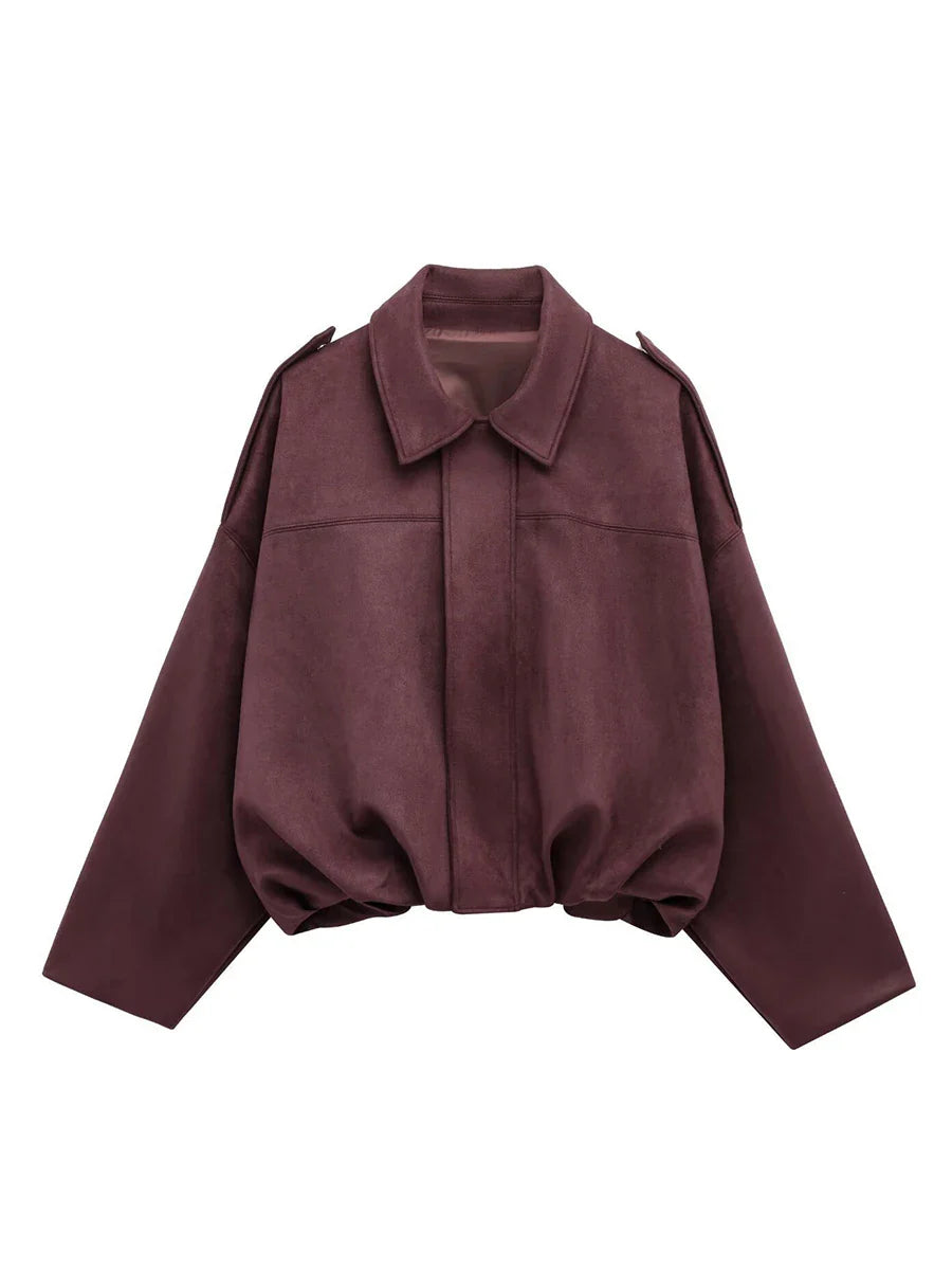 Cralom Lapel Zipper Jacket Women Long Sleeve Patchwork Coat