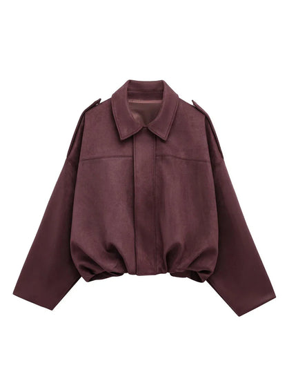 Cralom Lapel Zipper Jacket Women Long Sleeve Patchwork Coat