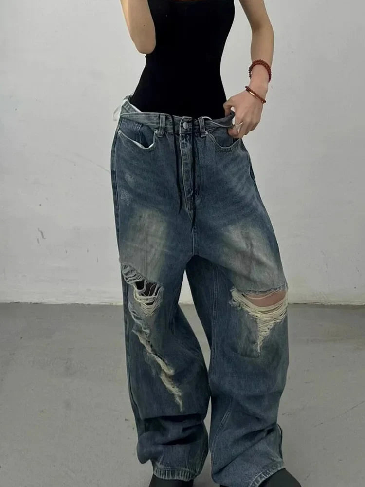 Cralom Distressed Washed Wide Leg Jeans - Y2K Streetwear High Waist