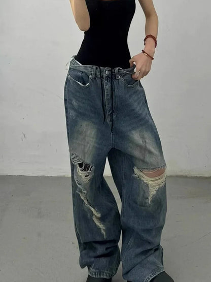 Cralom Distressed Washed Wide Leg Jeans - Y2K Streetwear High Waist