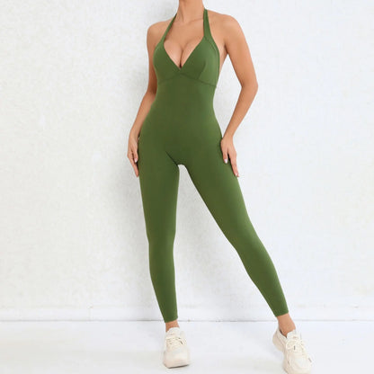 Cralom Seamless Yoga Jumpsuit Beauty Back Pocket Tight Bodysuit