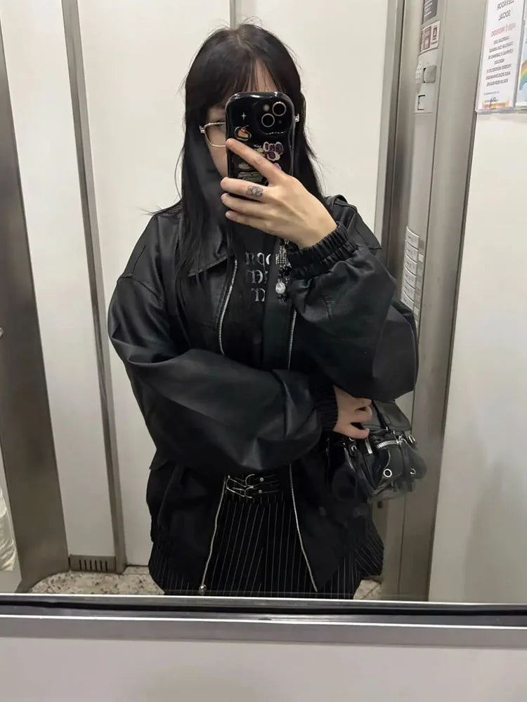 Cralom Retro Loose Faux Leather Jacket - Women's Moto Zip Coat