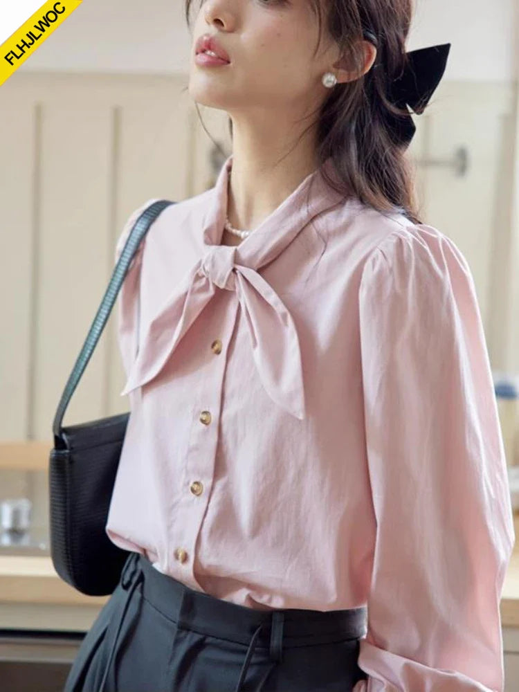 Cralom Bow Tie Blouse - Long Sleeve Preppy Style Solid Color