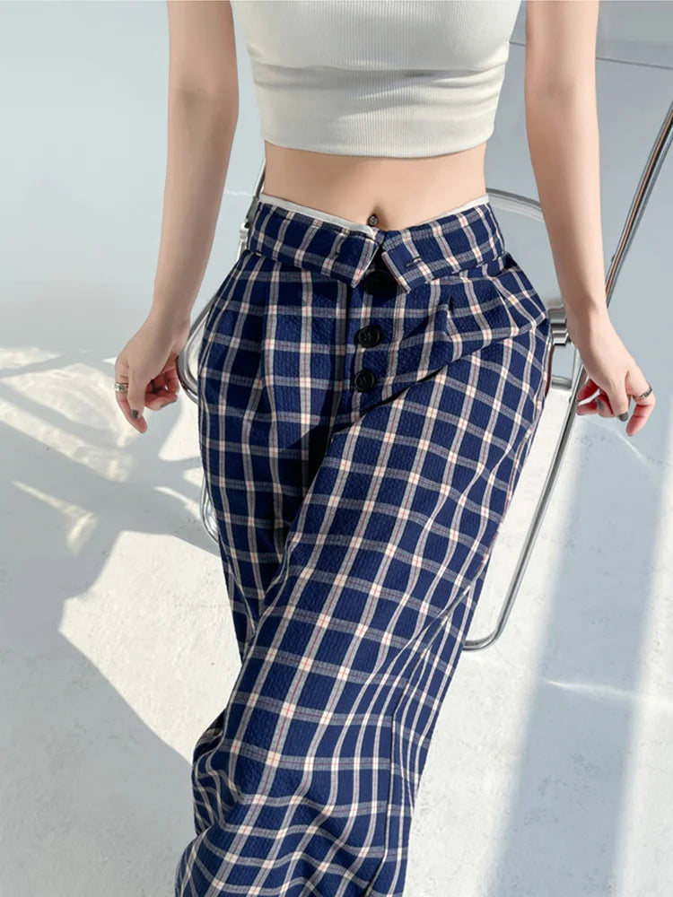 Cralom High Waist Plaid Capris Straight Pants