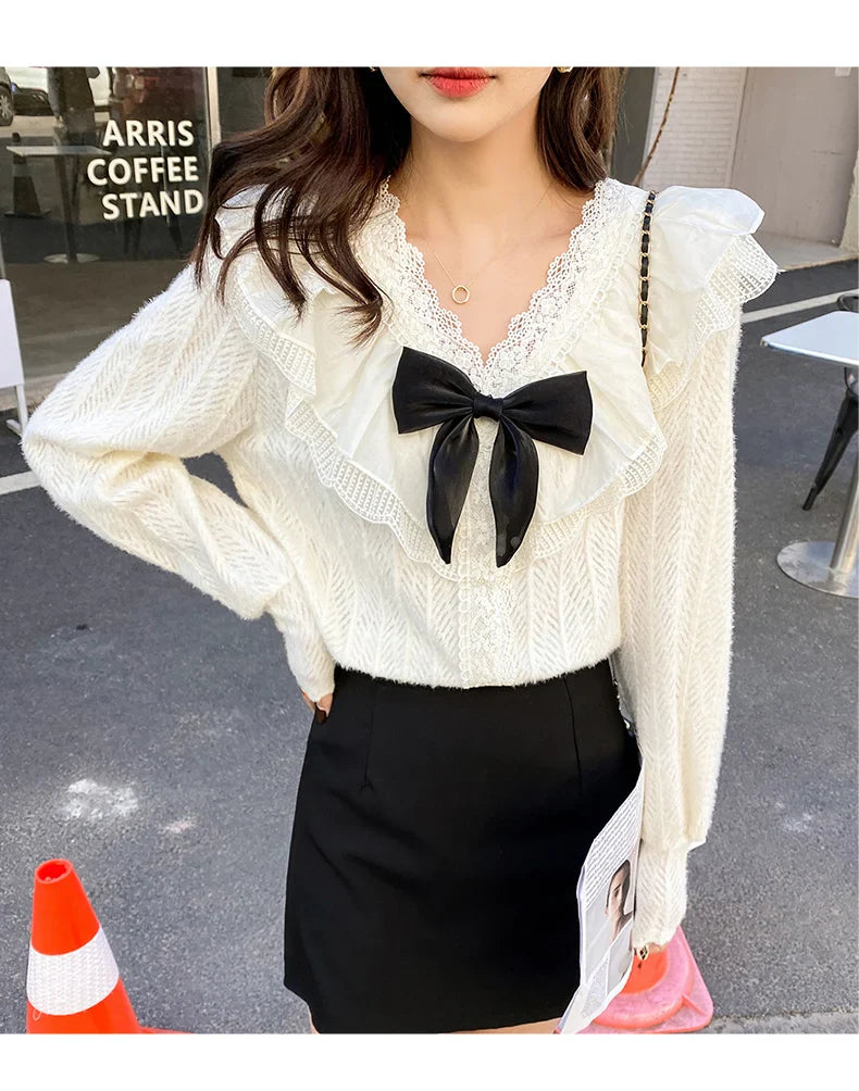 Cralom Lace Ruffle Bow Tie Blouse - White
