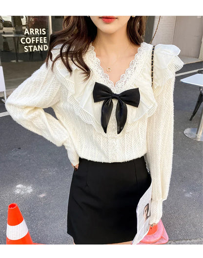 Cralom Lace Ruffle Bow Tie Blouse - White