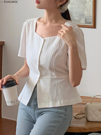 Cralom Retro Summer Crop Tops: Chic Bodycon Slim Fit Peplum Button Shirts