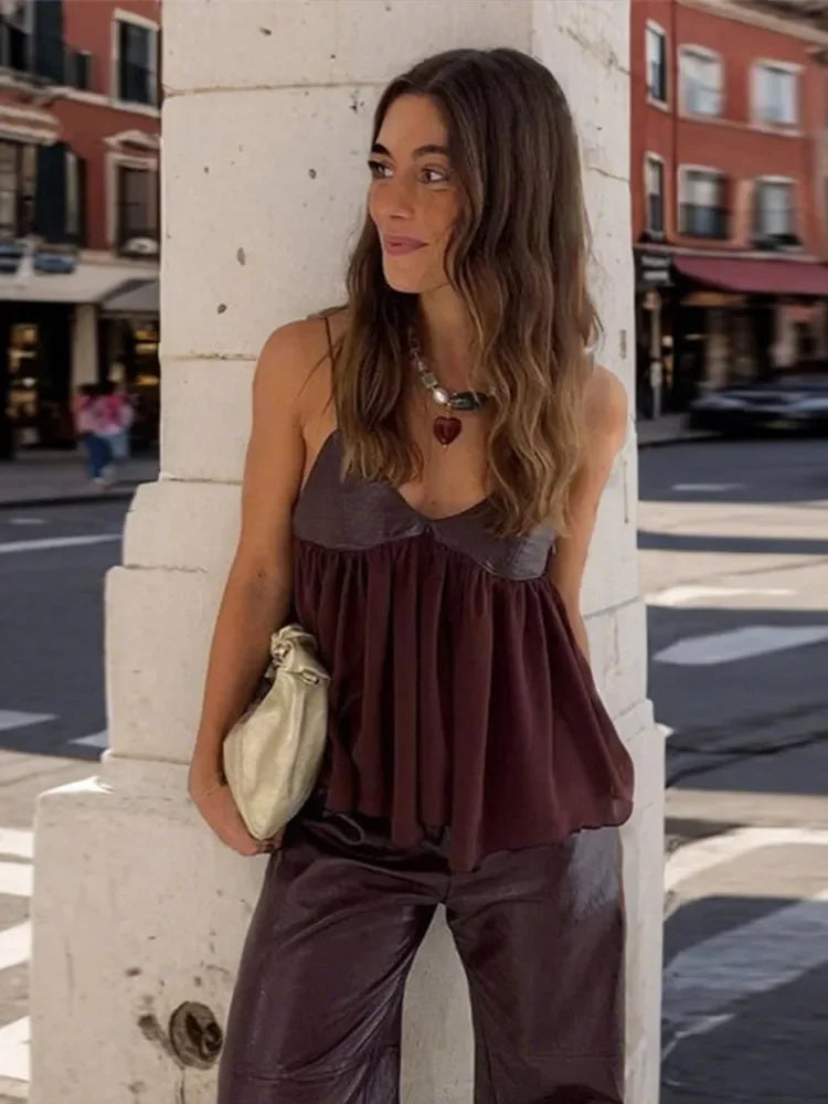 Cralom Patchwork Leather Vest: Sleeveless V-Neck Tank Top for Women