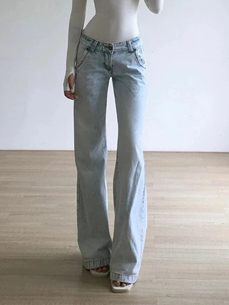 Cralom Streetwear Button Pockets Y2K Straight Jeans in Vintage Blue for Women