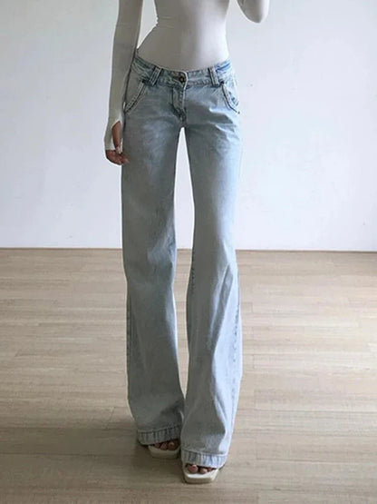 Cralom Streetwear Button Pockets Y2K Straight Jeans in Vintage Blue for Women
