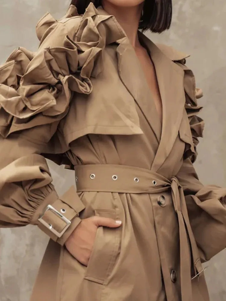 Cralom Belted Windcoat: Lapel Lantern Sleeve Trench Coats for Women
