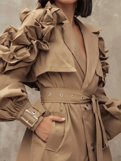 Cralom Belted Windcoat: Lapel Lantern Sleeve Trench Coats for Women