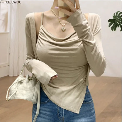 Cralom Y2K Bodycon Two-Piece Set Tops, Sexy Slim Fit Blouses, New Style Korean Tees