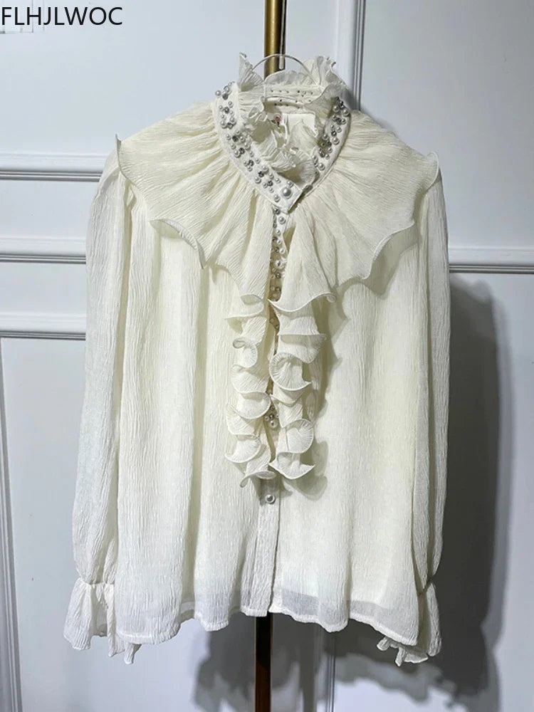 Cralom Flare Sleeve White Blouse with Bead Detail