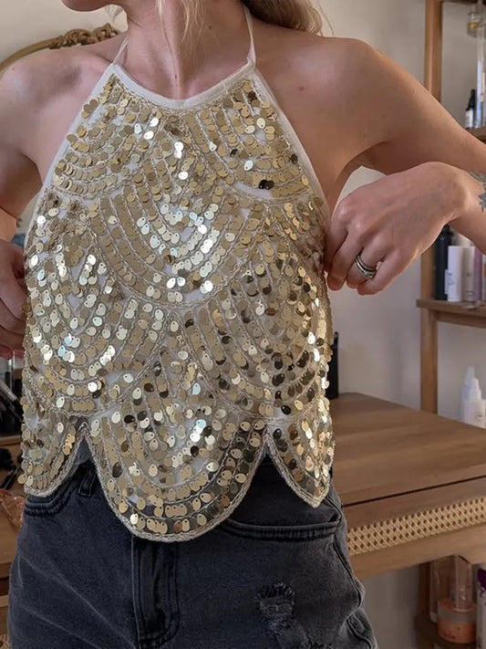 Cralom Glitter Sequin Halter Crop Top - Sexy Backless Tie-Up Tank