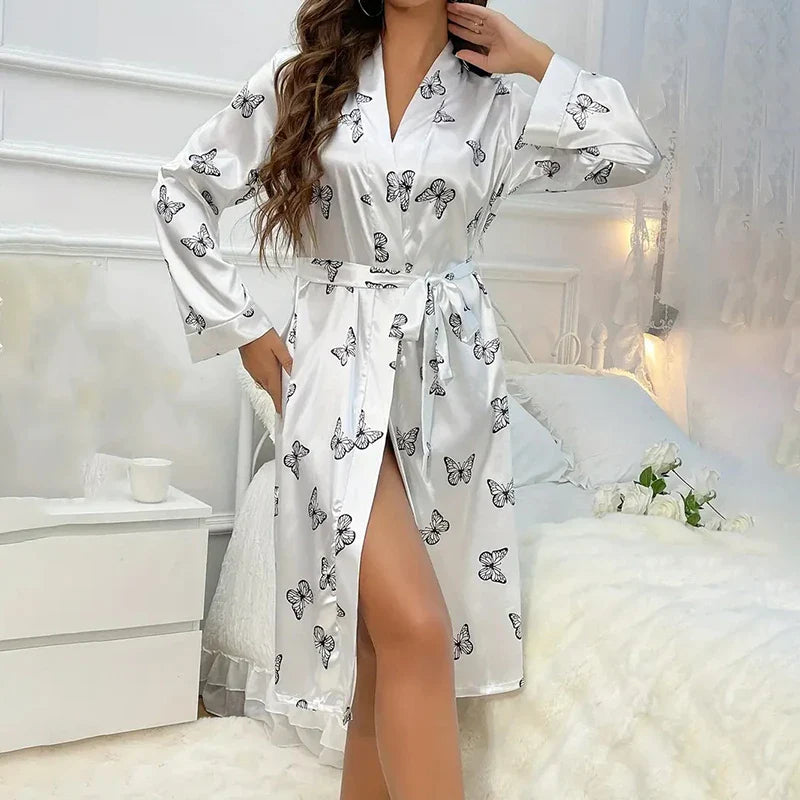 Cralom Satin Kimono Robe Nightdress Sleepwear V-Neck Long Sleeve Nightie Pyjamas