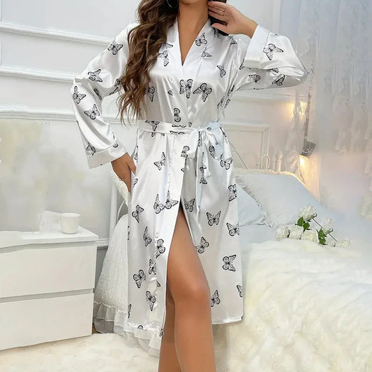 Cralom Satin Kimono Robe Nightdress Sleepwear V-Neck Long Sleeve Nightie Pyjamas