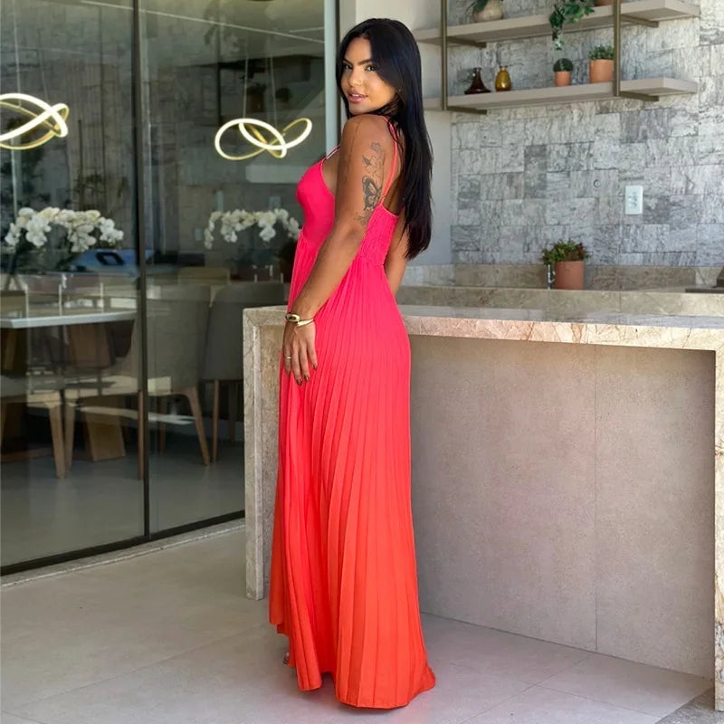Cralom Women's Gradient Color Long Skirt with Strap, Sweet & Fresh A-line Dress