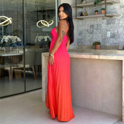 Cralom Women's Gradient Color Long Skirt with Strap, Sweet & Fresh A-line Dress