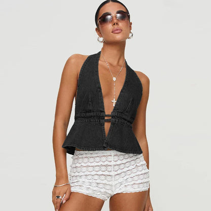 Cralom Lace-Up Denim Halter Vest for Women Summer 2025