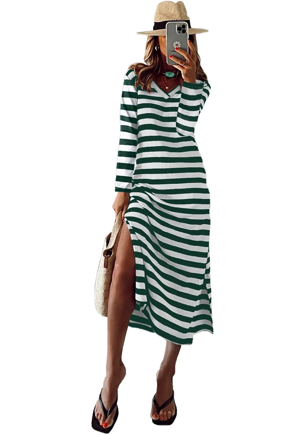 Cralom Women's V-neck Striped Long Sleeve Slit Dress