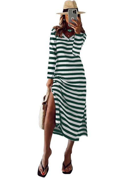 Cralom Women's V-neck Striped Long Sleeve Slit Dress