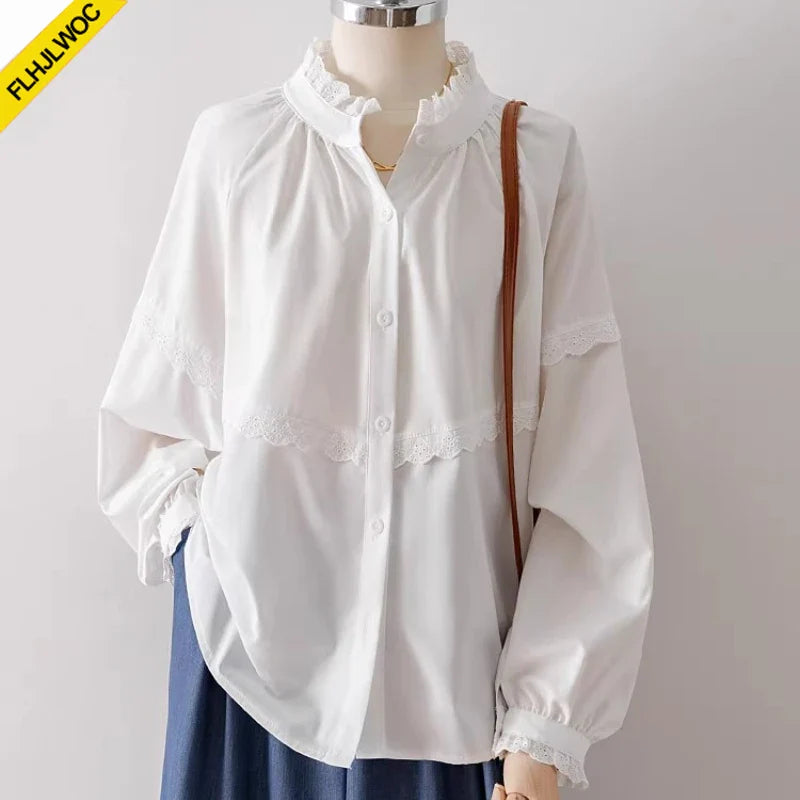Cralom White Ruffles Lace Stand Collar Blouse Women Preppy Style Basic Shirt
