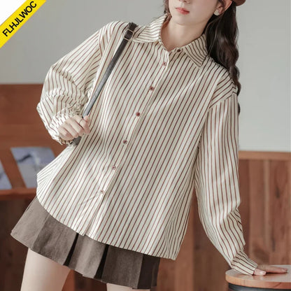 Cralom Cotton Stripe Shirt 2024: Autumn Chic Office Lady Retro Button Boyfriend Shirt
