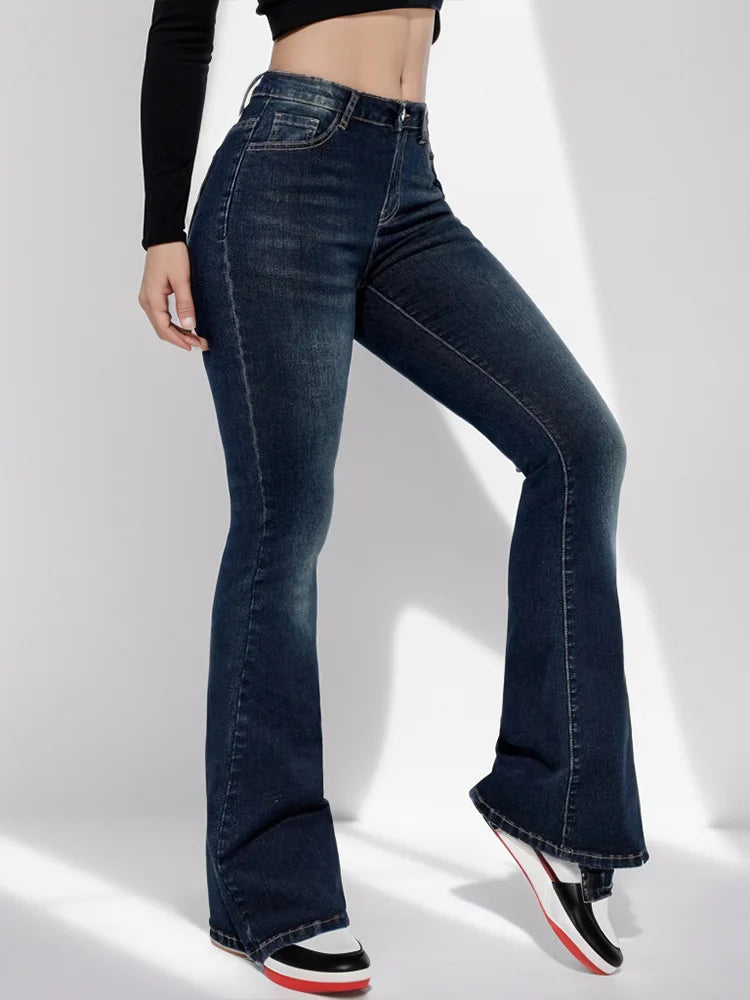Cralom Vintage Washed Flare Jeans High Waist Slim Straight Pants