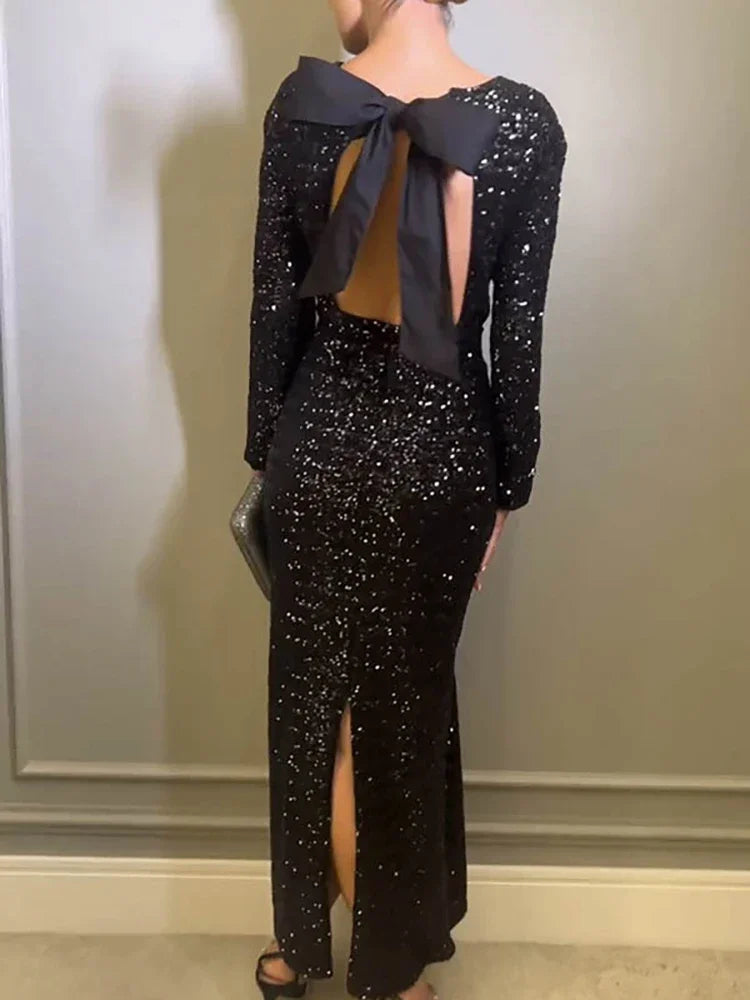 Cralom Sequin Bodycon Dress | Backless Bandage Long Sleeve Party Evening Vestido