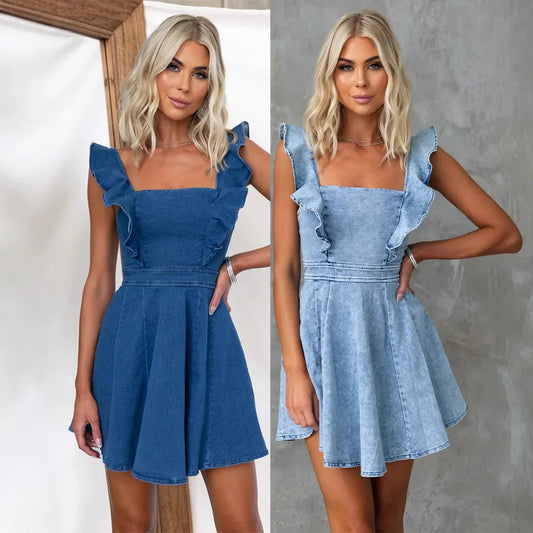 Cralom Square Neck Denim Dress with Flying Sleeve in Summer 2025