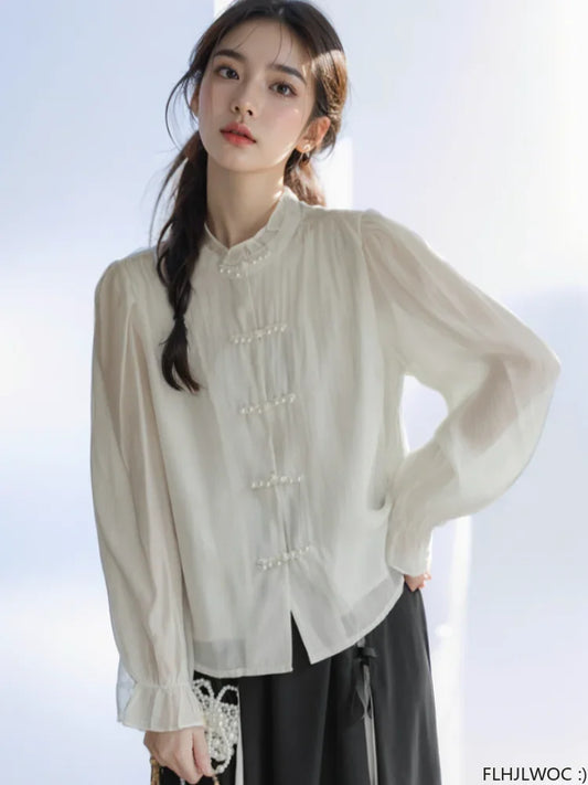 Cralom Chic Cotton Ruffles Beaded Chi-pao Collar Blouse