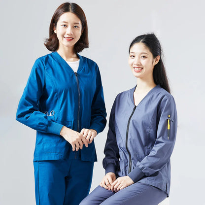 Cralom Knitted Zip Up Scrub Jacket: Long Sleeve Workwear Scrubs
