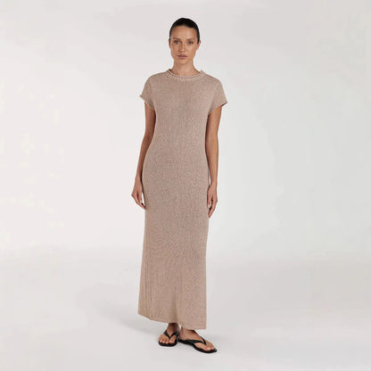 Cralom Women's Knitted A-line Dress with Short Sleeve and Round Neck