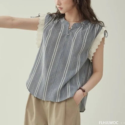 White Lace Sleeveless Plaid Shirt - Cralom Y2K Design Vintage Japan Style Top