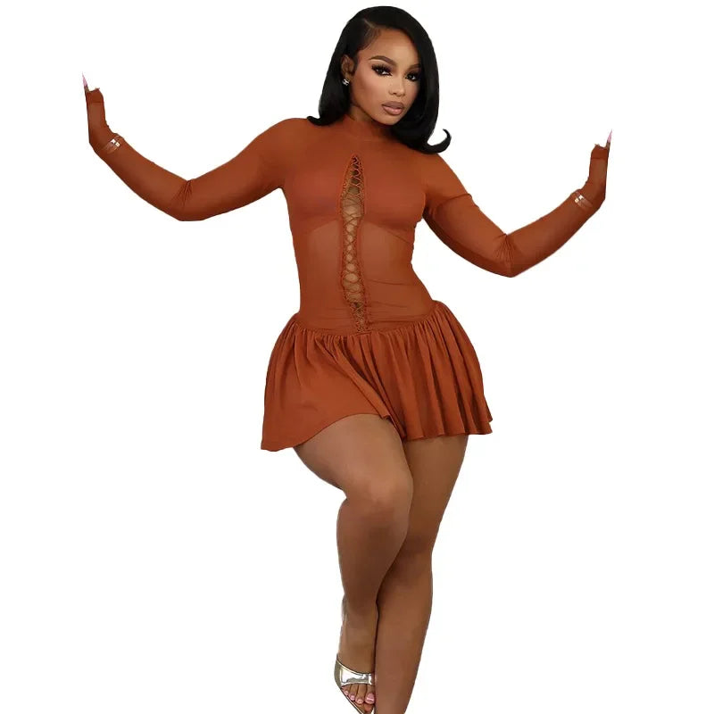 Cralom Long Sleeve Mesh Bodycon Mini Dress - Sexy Evening Night Club Style